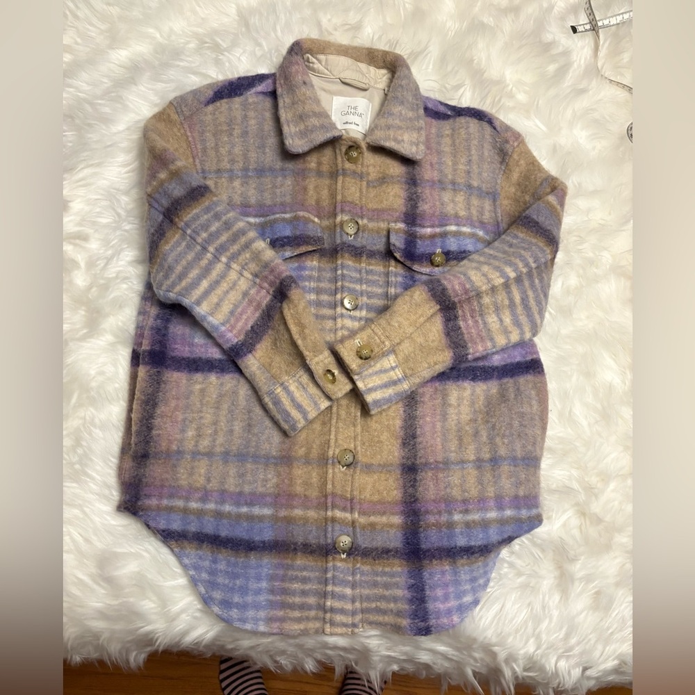 Wilfred Plaid Shacket in Tan, Purple & Lavender
